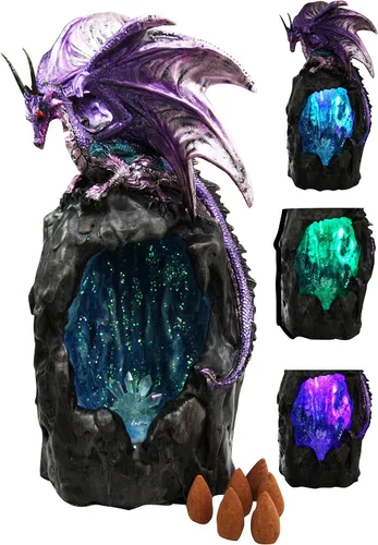 Vista 2 de Dragón púrpura de cuarzo azurita escalando una montaña de piedra preciosa, figura decorativa de piedra sintética, quemador de incienso de reflujo