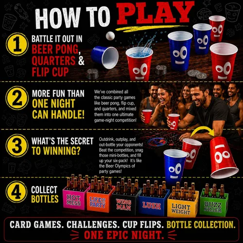 Vista 4 de Juego de tablero: combina juegos clásicos y nuevos para beber y para adultos: pong de cerveza, dar la vuelta al vaso, juegos de cartas de reyes