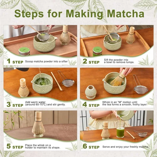 Vista 5 de Juego de 5 batidores de matcha, cuenco de 18 onzas con boquilla, kit de batidores de matcha de ceremonia japonesa, batidor de bambú 100% natural