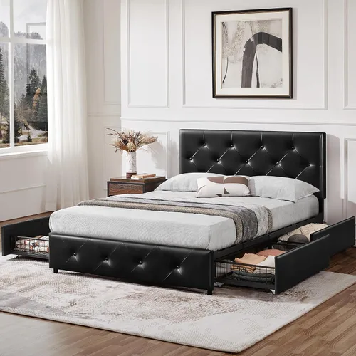 Vista 3 de Yaheetech Base de cama tapizada con 4 cajones de almacenamiento y cabecera ajustable, plataforma de piel sintética con base de colchón, fuerte