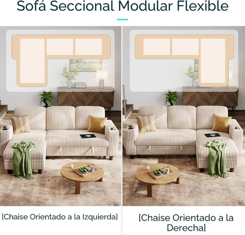 Vista 6 de LINSY HOME - Sofá seccional con cama extraíble y sofá cama deslizable, sofá convertible de pana mullida tipo nube con chaise de almacenamiento