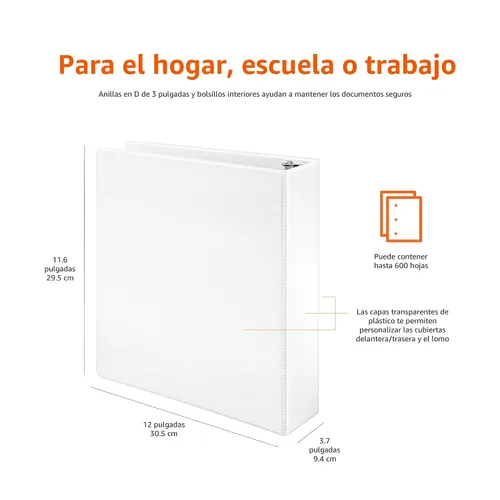 Vista 8 de Amazon Basics Archivadores de 3 argollas de 3 pulgadas, organizador con argollas en D, 2 paquetes, para la escuela, oficina en casa, color blanco