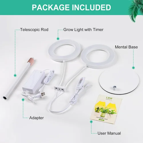 Vista 7 de LBW Luces de cultivo de plantas Halo, luz de crecimiento de escritorio de doble cabezal para plantas de interior, lámpara de crecimiento de espectro