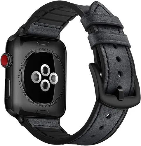 Vista 24 de OUHENG Correas de cuero compatibles con Apple Watch de 42mm 41mm 40mm 38mm, correa híbrida de cuero genuino y goma para iWatch Series 11 10 9 8 7 6