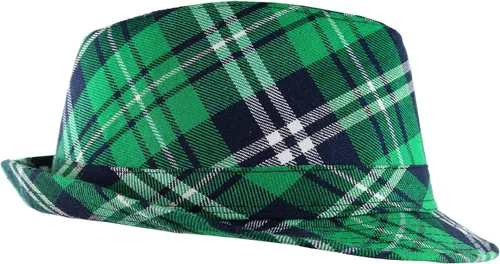 Vista 6 de Skeleteen Fedora verde a cuadros irlandeses, accesorios de disfraz del día de San Patricio, sombrero de duende para hombres, mujeres y niños