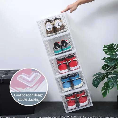 Vista 2 de Organizador grande de zapatos apilable con puerta magnética para almacenamiento de DVD/CD, 4 piezas, cajas de zapatos transparentes para armario
