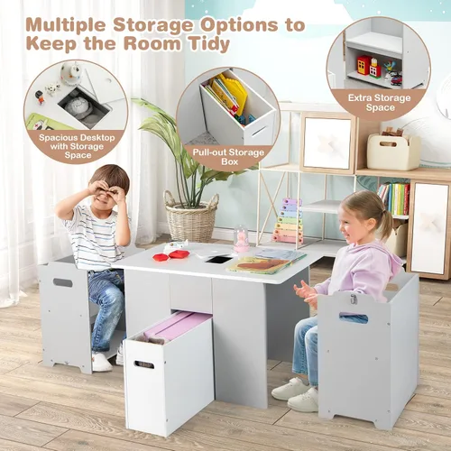 Vista 7 de HONEY JOY Juego de mesa y silla para niños, mesa convertible para niños y 2 bancos y estantería organizadora de almacenamiento de juguetes de 4