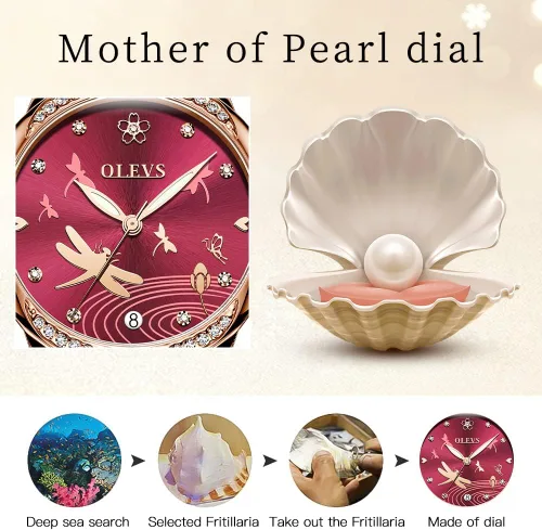 Vista 3 de OLEVS Relojes automáticos para mujer, mecánico, esfera de corazón, esfera de corazón, oro rosa, banda de cerámica, impermeable, luminoso, fecha