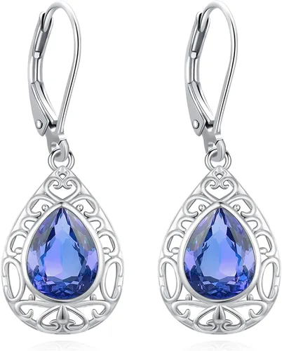 Vista 92 de Aretes colgantes de plata de ley con diseño de árbol de la vida, flor, abeja, animales, gato, colibrí, piedra lunar, turquesa, aretes con cierre