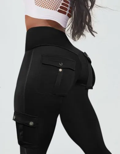 Vista 5 de Flamingals Leggings con levantamiento de glúteos con bolsillos de solapa, leggings cargo de entrenamiento para mujer
