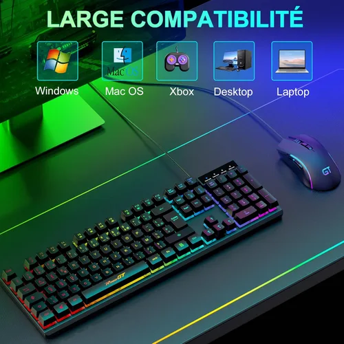 Vista 7 de RaceGT AZERTY - Teclado y mouse para juegos, teclado y mouse con cable, teclado retroiluminado ergonómico, teclado silencioso para PC con teclado