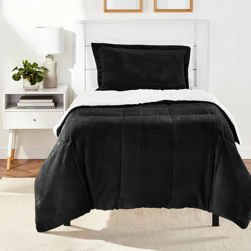 Vista 11 de Amazon Basics - Juego de ropa de cama de 3 piezas, Micromink Sherpa, ultrasuave, edredón cálido para todas las estaciones, tamaño Full/Queen, negro