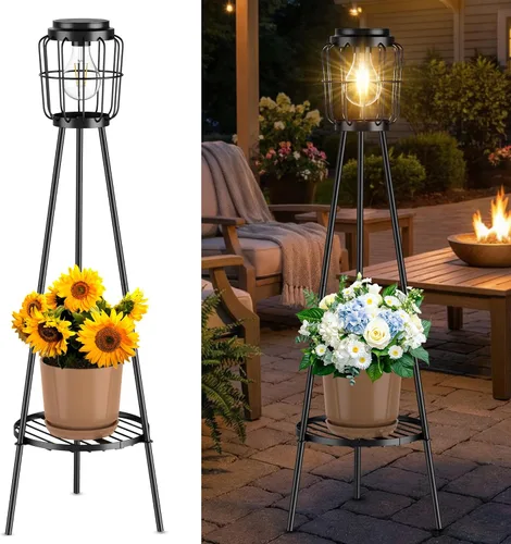 Vista 10 de MXwcy Lámpara de pie solar con soportes para plantas, luces solares para exteriores con bombillas LED Edison vintage, luces de jardín resistentes a