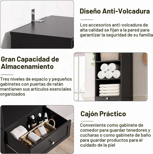 Vista 13 de Gabinete de almacenamiento alto y estrecho de ratán con puertas y cajones Negro