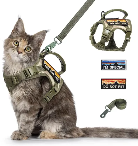 Vista 12 de Arnés táctico para gato y correa para caminar a prueba de esacpe, chaleco grande de malla suave ajustable para gatos con mango de goma fácil
