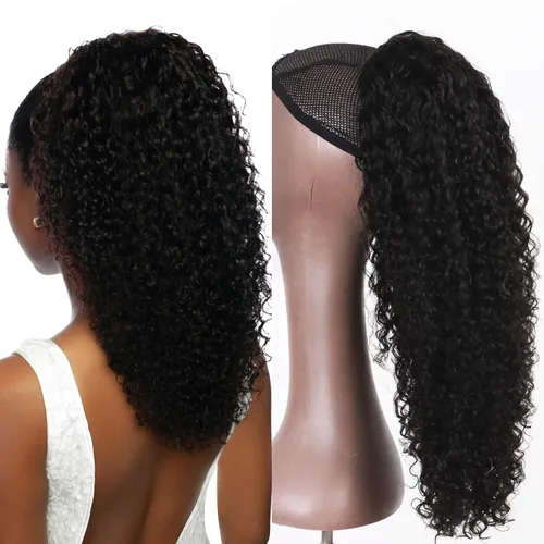 Vista 13 de Extensión de cola de caballo de cabello humano de 12 pulgadas con cordón rizado profundo para mujeres negras, extensión rizada 3C, color negro