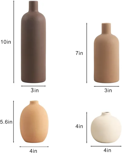 Vista 2 de Juego de 4 jarrones de cerámica neutrales para decoración de casa de campo, jarrones decorativos rústicos para centros de mesa bohemias de sala