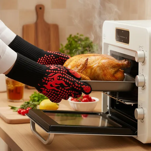 Vista 6 de Guantes resistentes al calor, guantes de barbacoa para hombres y mujeres, guantes de cocina de hasta 1472 °F + sonda termómetro de carne apagado