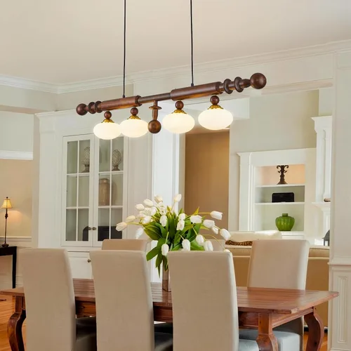 Vista 2 de Lámpara de araña lineal de madera y globo de madera para comedor, lámpara rústica de 4 luces lineales para isla de cocina, lámpara colgante moderna