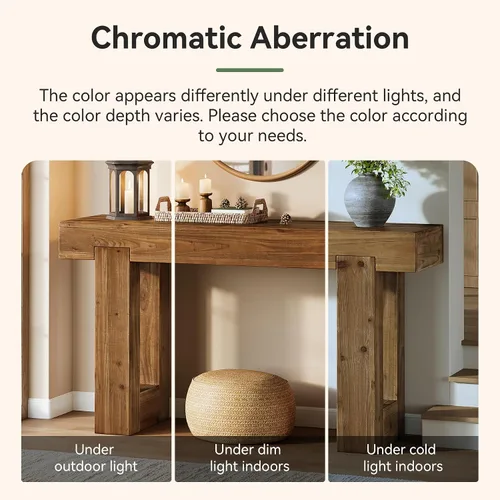Vista 8 de Mesa consola de madera maciza, mesa de sofá de granja de 55 pulgadas detrás del sofá, consola rectangular con doble base para entrada, pasillo, sala