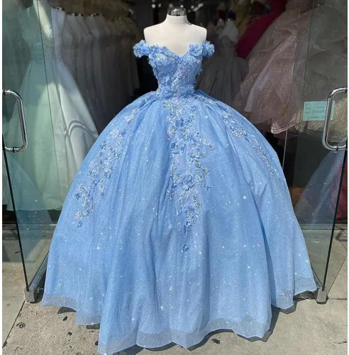 Vista 7 de Ftupza Preciosos vestidos de quinceañera florales 3D vestidos de tul hinchados para mujeres fuera del hombro vestido de fiesta largo FFtu09