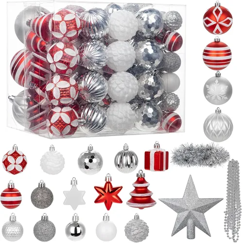 Vista 12 de 100 piezas de juego de adornos de Navidad azul y blanco – Kit de bolas de decoración de árbol de Navidad inastillables con estrella de copa