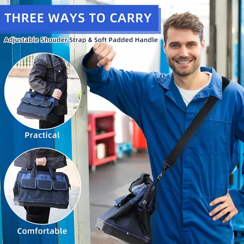 Vista 7 de Bolsa de herramientas de 16 pulgadas, organizador de herramientas multibolsillos con base de plástico impermeable, maletín resistente con correa