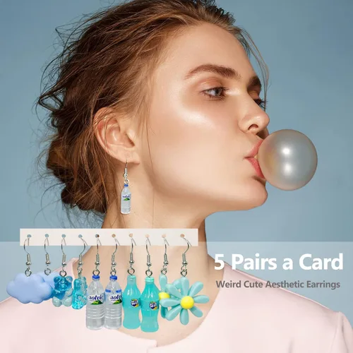 Vista 3 de 30-40 pares de aretes extraños, lindos y divertidos, con diseños de osos de gomita, patos, hongos, frutas y flores, para mujeres, aretes colgantes