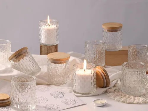 Vista 7 de NITIME 15 tarros de velas azules de 7.5 onzas para hacer velas, vasos de vela de vidrio con tapas de bambú y etiquetas adhesivas, recipientes