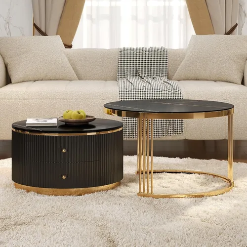 Vista 11 de Moderna mesa de centro redonda multifuncional acanalada con cajón mesa auxiliar para sala de estar, color blanco y dorado 27.5"d+23.5"d blanco y oro