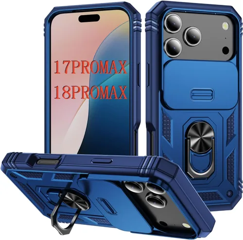 Vista 101 de PASNEW Funda militar para iPhone 13 Pro Max, cubierta de cámara deslizante y soporte de anillo de metal de 360°, carcasa rígida multicapa resistente