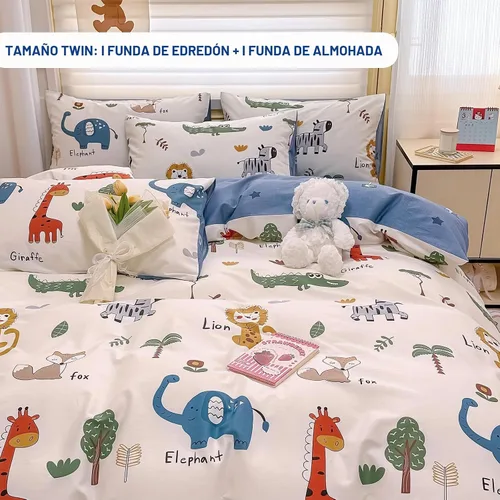 Vista 3 de DJY Funda de edredón individual de dibujos animados, 100% algodón animales