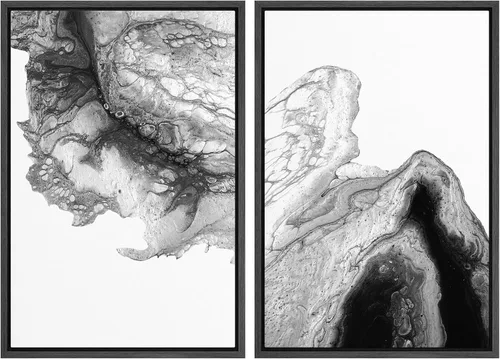 Vista 127 de SIGNWIN Lienzo enmarcado para pared, juego de arte con anillos de árbol de bosque grunge en blanco y negro, ilustraciones de naturaleza silvestre