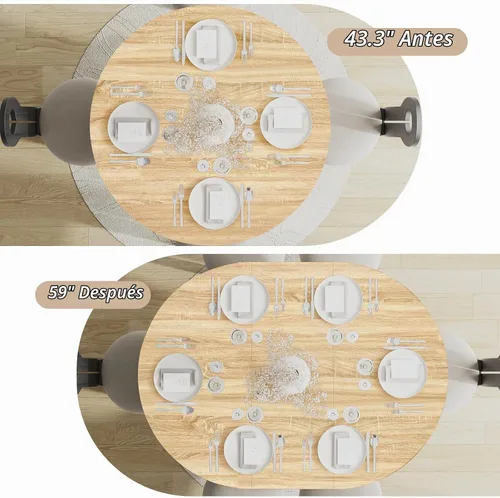 Vista 5 de Mesa de comedor redonda extensible de 43.3-59 pulgadas para 4-6-8, puerta corredera de madera estriada, mesa de cocina ovalada moderna, base