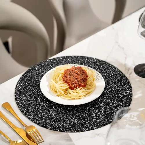 Vista 2 de Mantel individual negro de pedrería con diamantes triturados brillantes redondos lavables con purpurina para otoño, Halloween, boda, Navidad