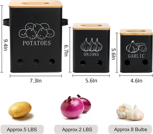 Vista 2 de WUWEOT Paquete de 3 latas de almacenamiento de verduras, botes de almacenamiento de patatas cebollas y ajos, organizador de verduras frescas