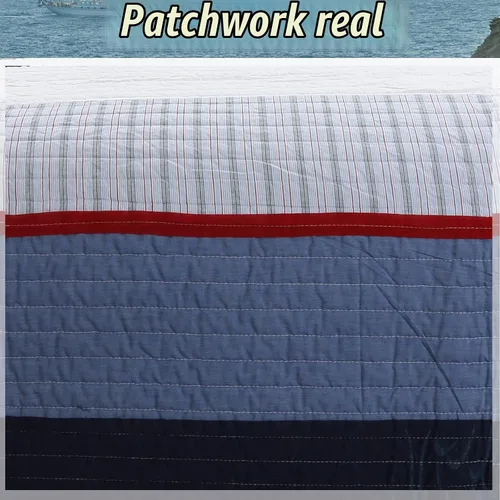 Vista 2 de Cozy Line Home Fashions - Juego de ropa de cama acolchada reversible de 100% algodón, con rayas azul marino y rojo, para niño, colcha, colcha