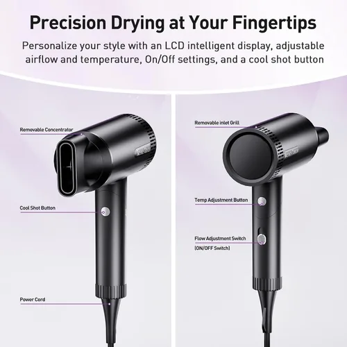 Vista 4 de Secador de pelo, secador iónico de alta velocidad, potente motor de 1600 vatios para secado rápido y cabello lacio y ondulado, plegable, ligero