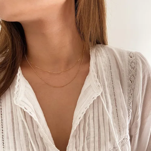 Vista 2 de Tewiky Collar de cadena de oro para mujer, chapado en oro de 14 quilates, collar de cadena de caja de ondas con cuentas finas, collar de oro