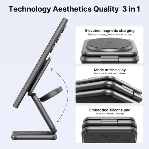 Vista 4 de KU XIU Cargador inalámbrico para Samsung, estación de carga inalámbrica plegable de aleación de zinc 3 en 1 para Samsung Galaxy S25 Ultra S24 S23