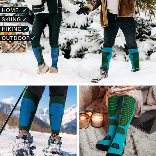 Vista 6 de Calcetines de esquí de lana merino para hombre y mujer, 2 pares para esquí, snowboard, térmicos hasta la rodilla, calcetines de rendimiento