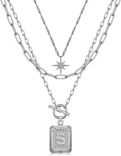 Vista 52 de MJartoria Collares con iniciales en capas para mujer, modernos, chapados en oro de 14 quilates, cadena de papel, collar sencillo con dije de Dorado