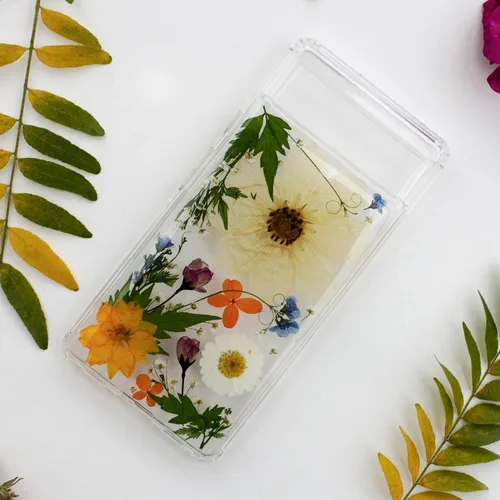 Vista 4 de Unique Real Pressed flower foral Clear Soft Phone cases cover With Bumper for Google Pixel 6 with large Flower Design Fit (Pixel 6)