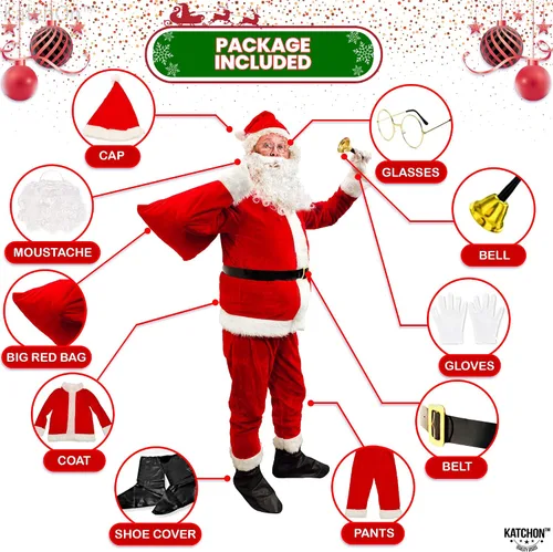 Vista 4 de KatchOn Traje de Papá Noel de terciopelo para adultos, 10 piezas, disfraz de Papá Noel para hombre, traje de Papá Noel, traje de Papá Noel