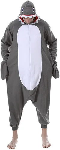 Vista 2 de EraSpooky Pijama de tiburón para adultos, disfraz de animales de una pieza con capucha, unisex