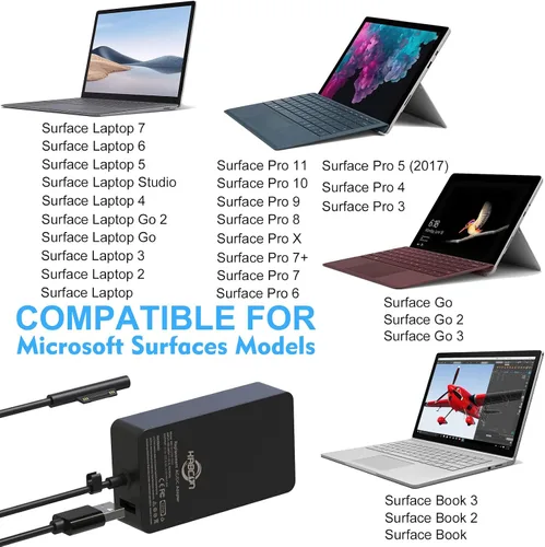 Vista 3 de Cargador de 127 W para Microsoft Surface Book 3 2 1, Surface Laptop 7 6 5 Go2 Studio Go 4 3 2 1, Surface Pro 11 10 9 8 7+ X 7 6 5 4 3, Surface Go 3