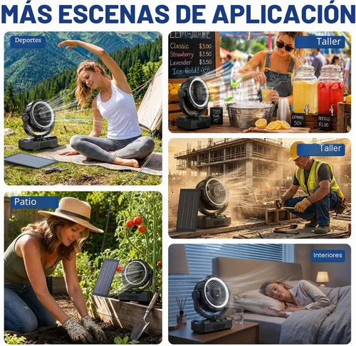 Vista 8 de Ventilador de campamento recargable con energía solar y oscilación automática, 【Funcionamiento de 60 horas】: ventilador portátil al aire libre, 5