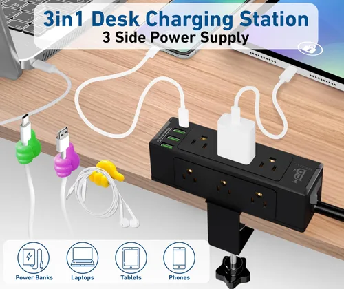 Vista 5 de Regleta de alimentación con abrazadera de escritorio con carga rápida USB-C, protector de sobretensiones de 9 tomas, regleta de alimentación que