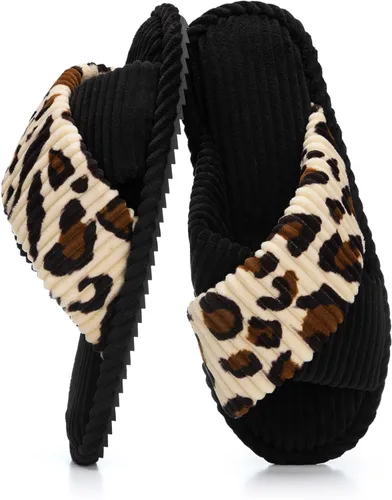 Vista 24 de GOEWY - Pantuflas para mujer con espuma viscoelástica para el hogar, con entretejido de pana, tiras cruzadas, con punta abierta, sandalias cómodas