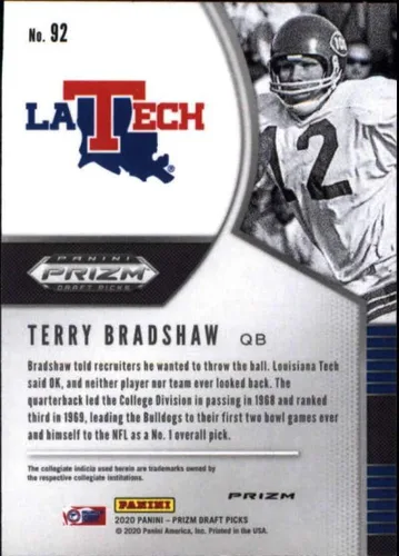 Vista 2 de 2020 Panini Prizm Draft Prizms Blue #92 Terry Bradshaw Louisiana Tech Bulldogs Football Trading Card